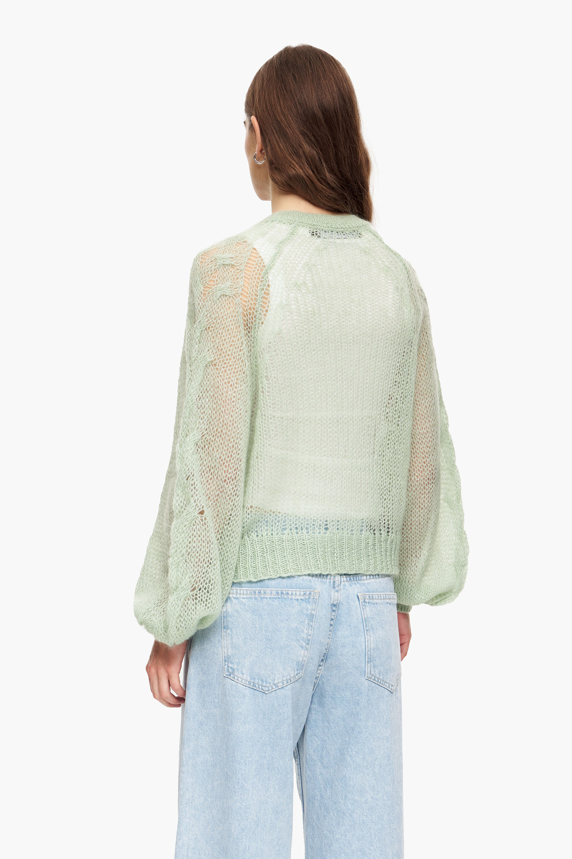 Cardigã verde menta em mohair com detalhes vazados