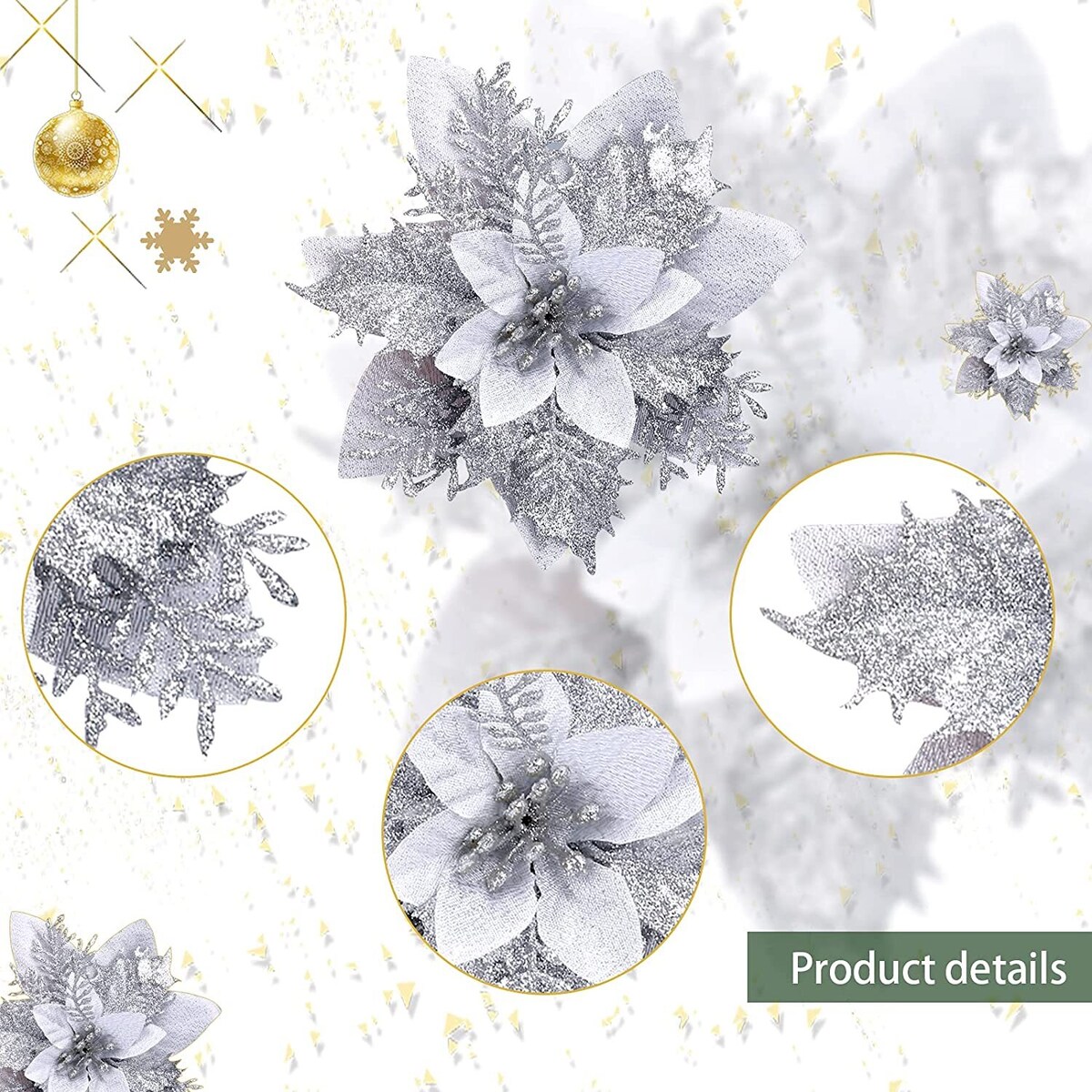 Kunstige juleblomster sølv 5-pack julepynt