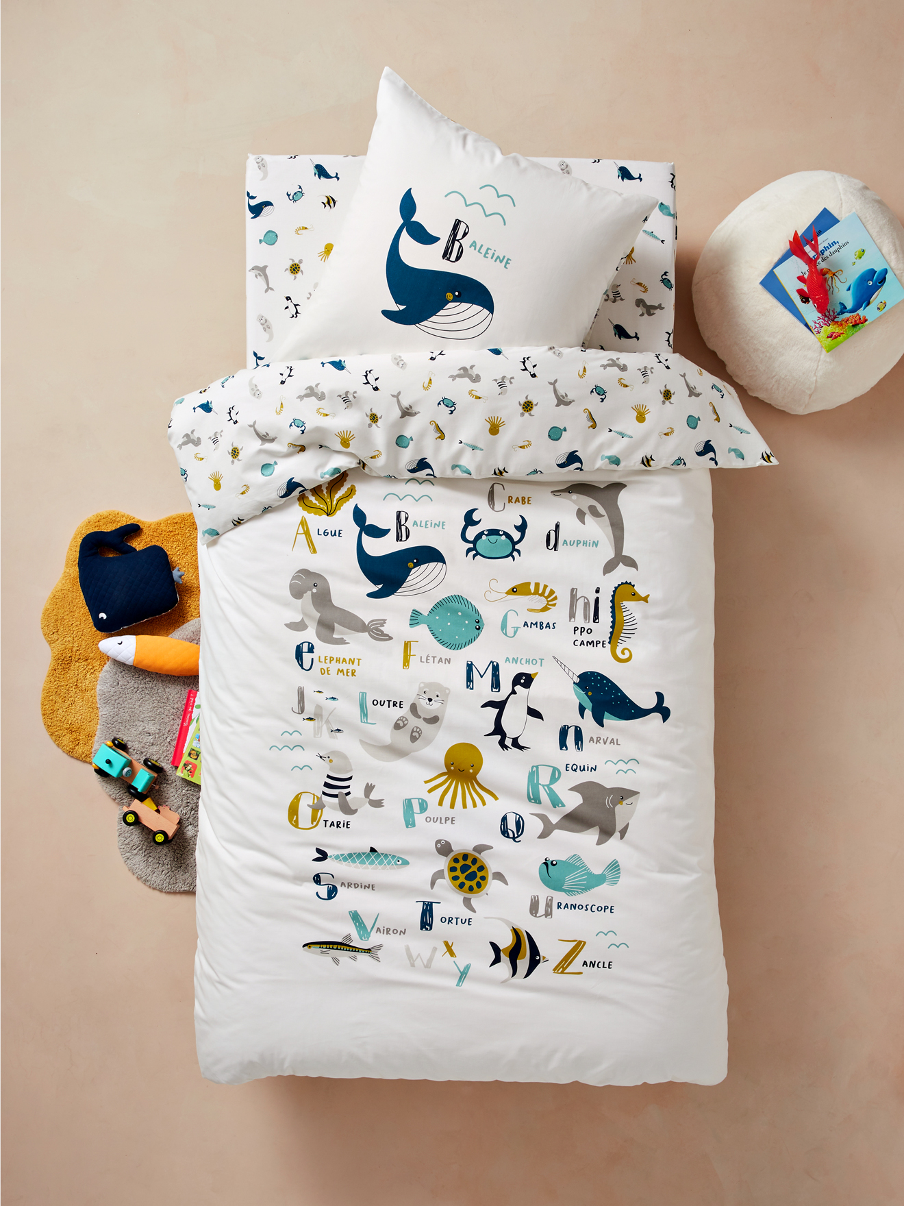 Conjunto de capa de edredom infantil + conjunto de fronhas ALFABETO AZUL MARINHO + lençol de baixo infantil ALFABETO AZUL MARINHO