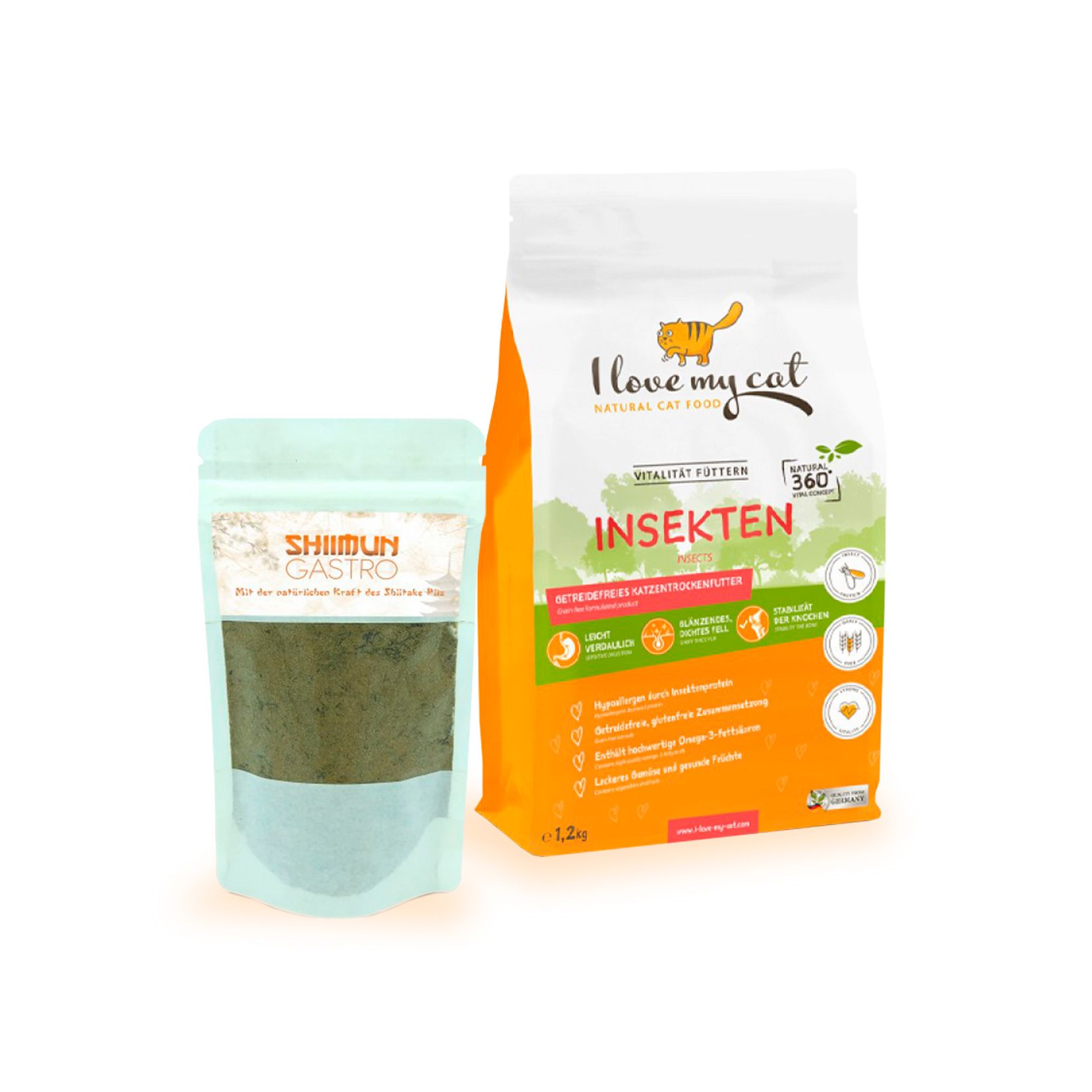 I love my cat Sparset für Katzen mit Pankreatitis: Trockenfutter mit Insektenprotein +Shiimun Gastro
