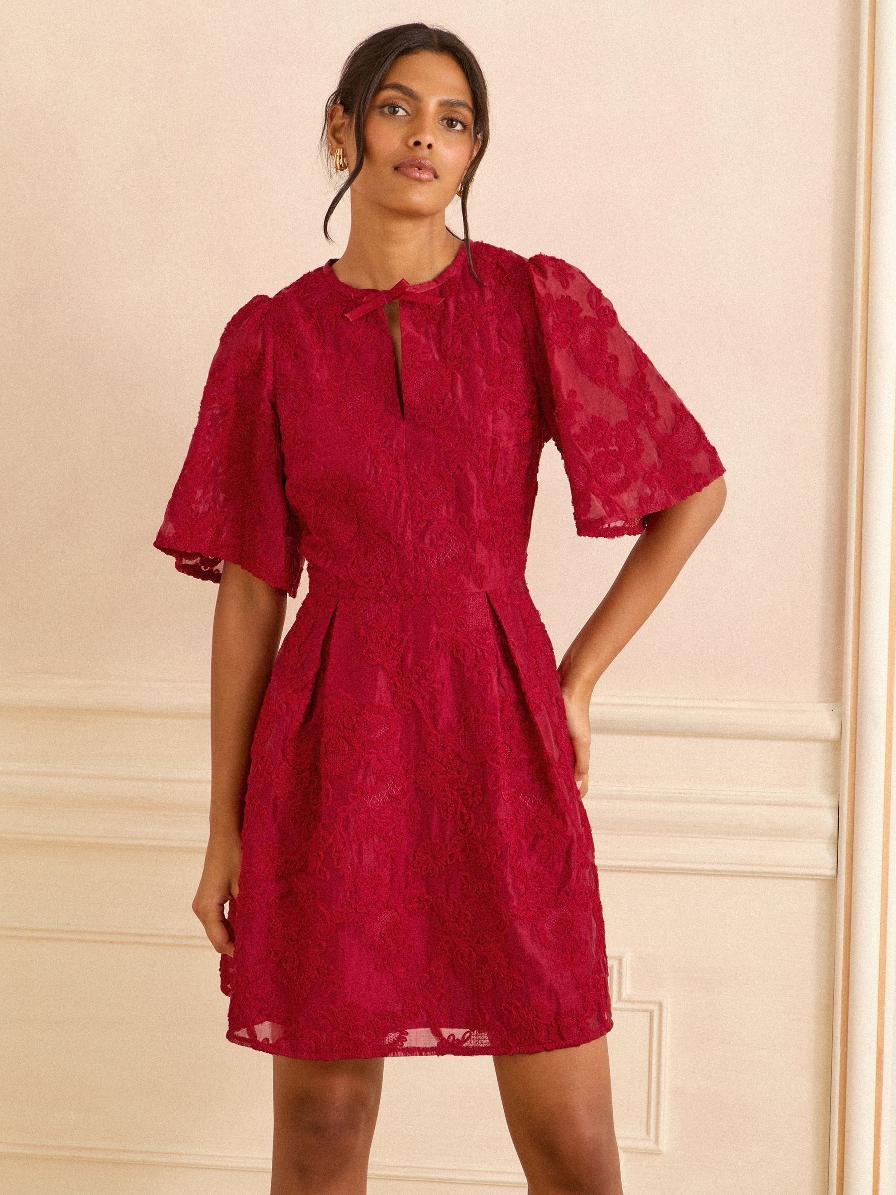 Rood - Love & Roses Floral Structured Jacquard Mini Dress