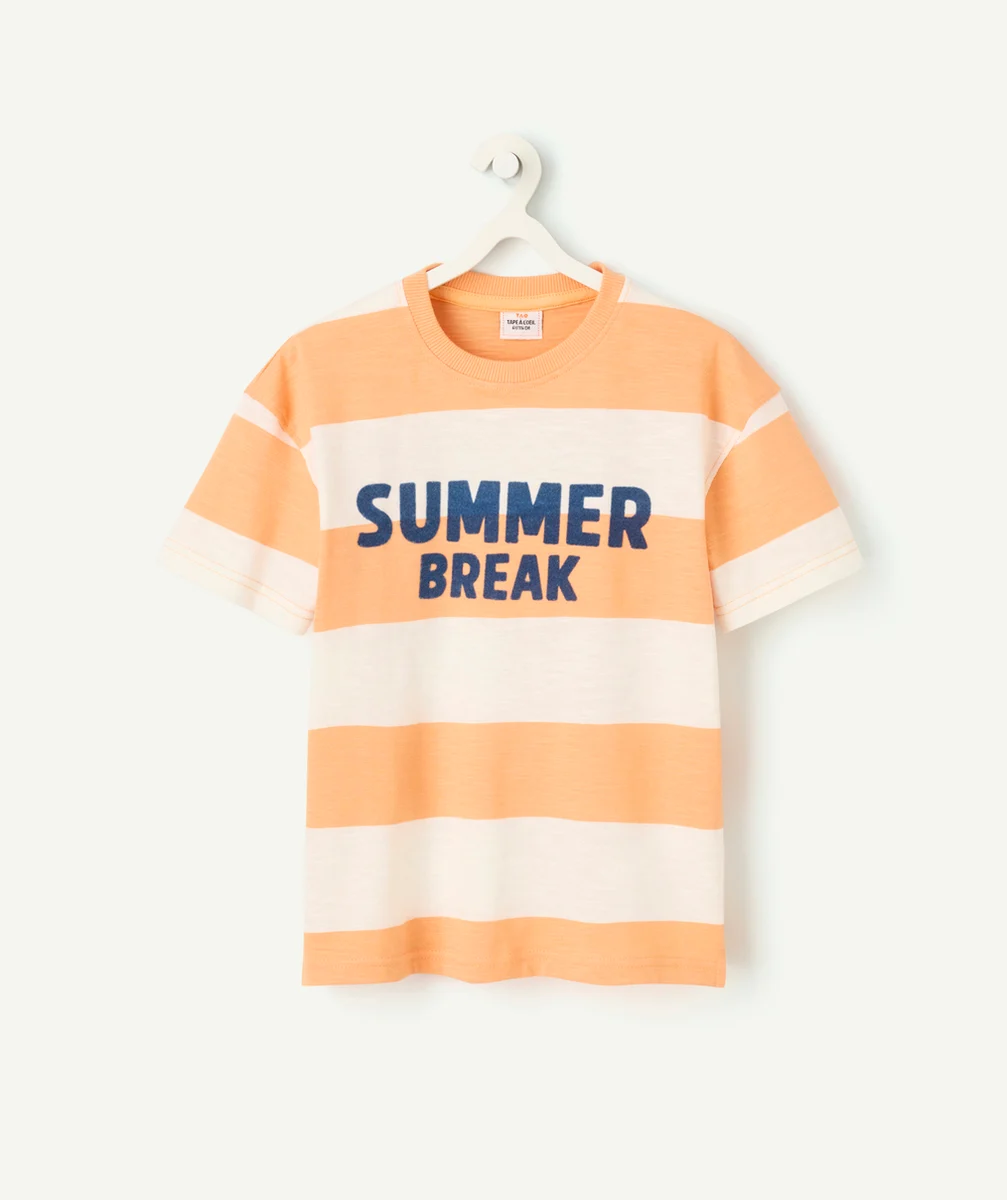 t-shirt manches courtes garçon en coton bio rayé orange et écru message summer