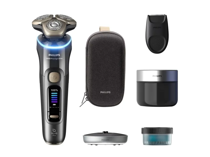 Philips i9000 Prestige Ultra XP9402/31 Elektrisk shaver våd og tør barbering med SkinIQ Pro, Rotations shaver, Grå, SkinIQ Pro, Rustfrit stål, LCD, Android, iOS