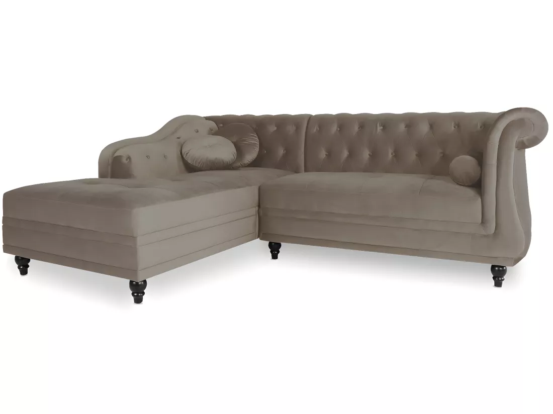 Canapé d'angle Gauche Empire Velours Taupe style Chesterfield