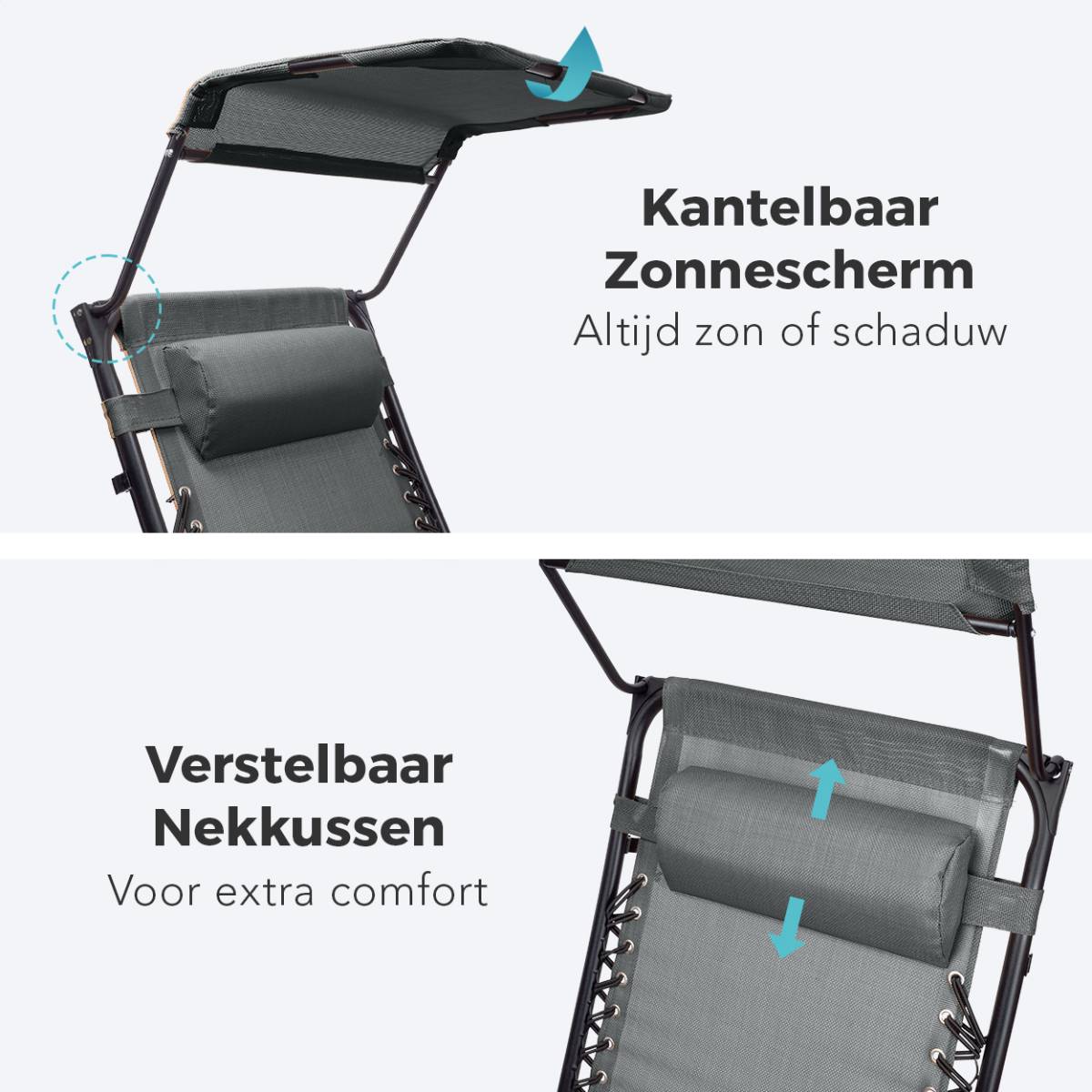 LifeGoods set van 2 relaxstoelen met zonnescherm - Dark Grey