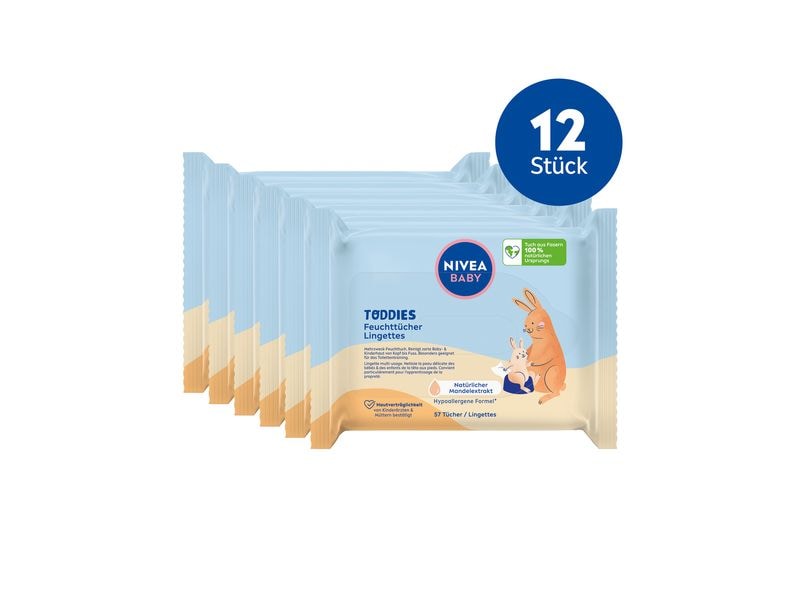 NIVEA BABY Feuchttücher Multipack Toddies 12 x 57 Stück Für natürlich gepflegte Haut ab der ersten Berührung