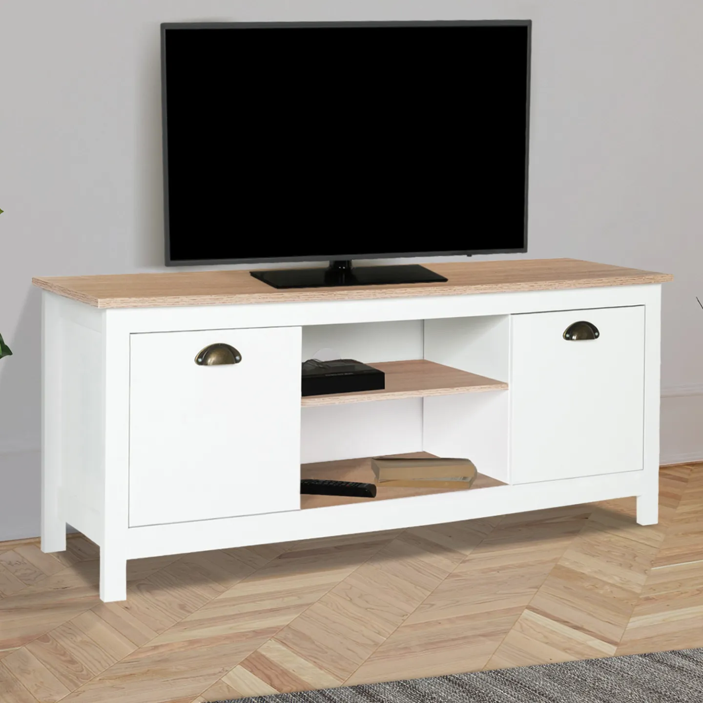 Meuble TV 113 cm campagne ISIS bois et blanc