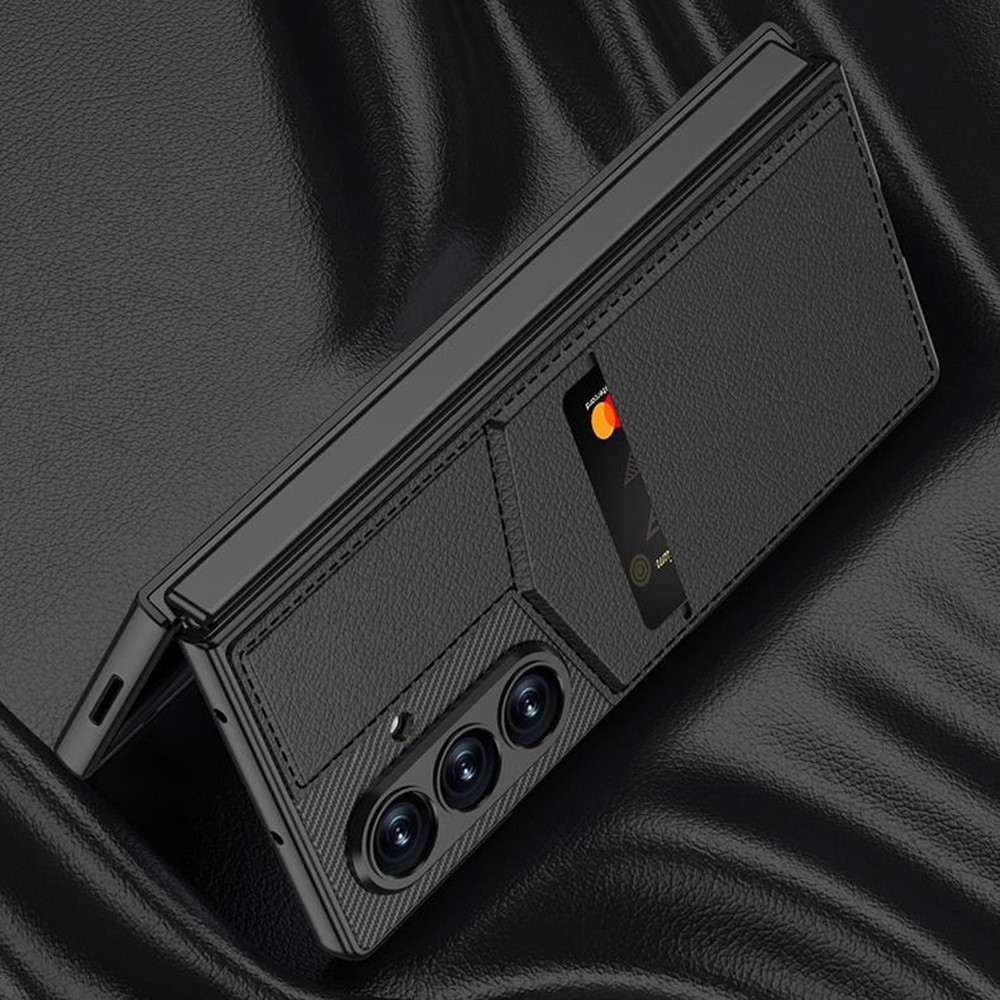 Samsung Galaxy Z Fold7 Hardcase Hülle mit Kartenfach   Leder Kickstand Aufsteller im Litchi Look - Schwarz