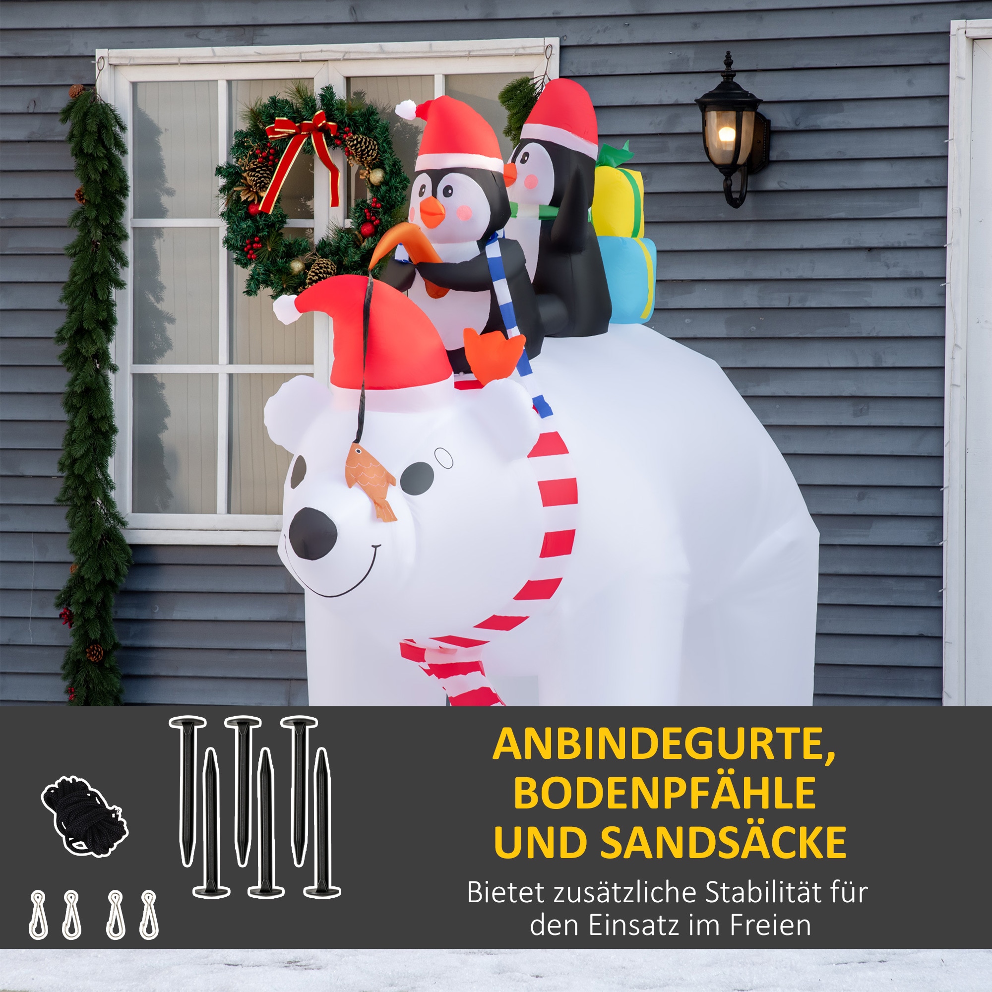 HOMCOM Aufblasbarer Pinguin und Eisbär mit Beleuchtung bunt 227B x 113T x 206H cm