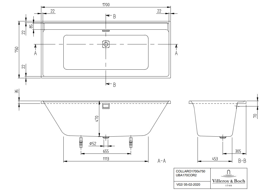 Villeroy & Boch Collaro inbouw ligbad 170x75cm wit mat met chromen afvoerplug