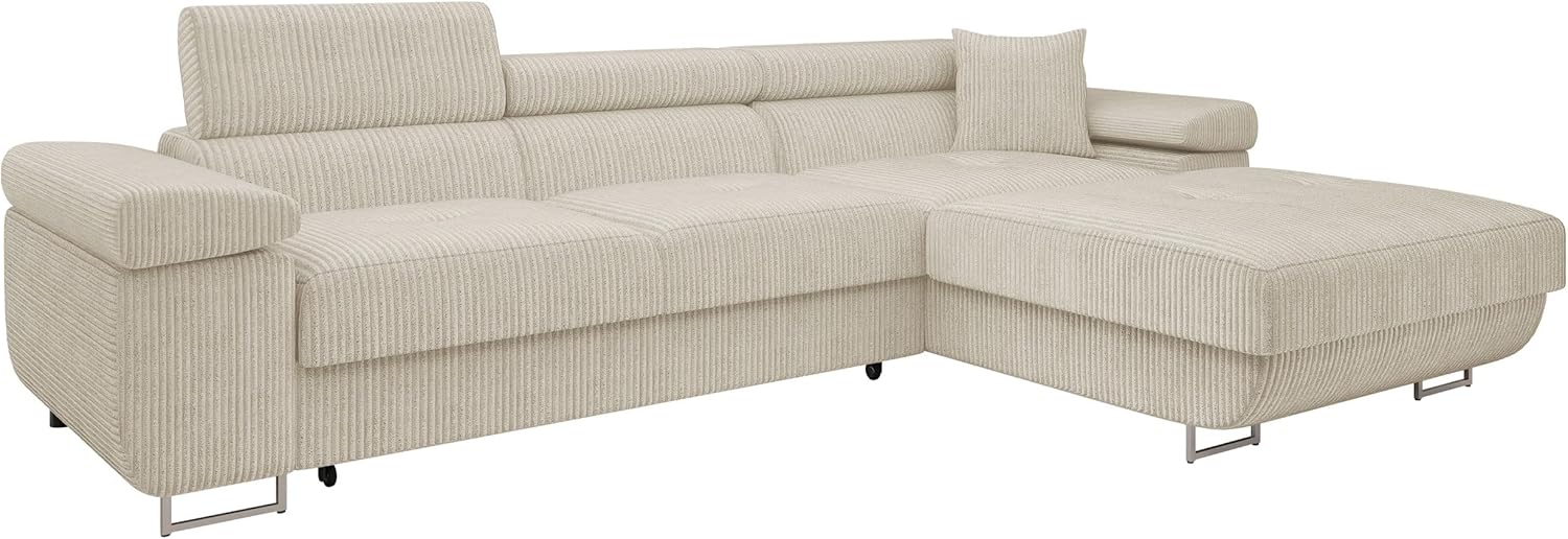 Mirjan24 Ecksofa Torezio Mini Cord mit Bettkasten, Einstellbare Kopfstützen, Bequeme Polsterung, Eckcouch mit Schlaffunktion für Wohnzimmer, L-Form Couch (Poso 100, Seite: Rechts)