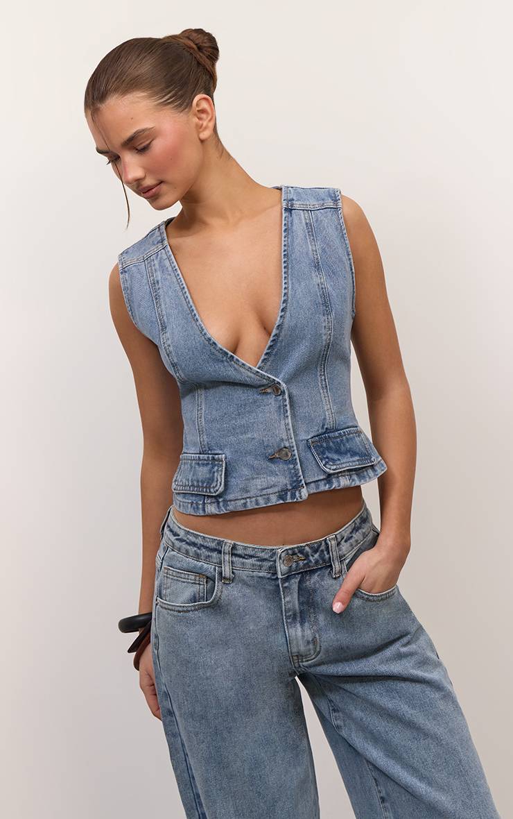 Mid Blue Wash Gilet En Jean Style Portefeuille Asymétrique