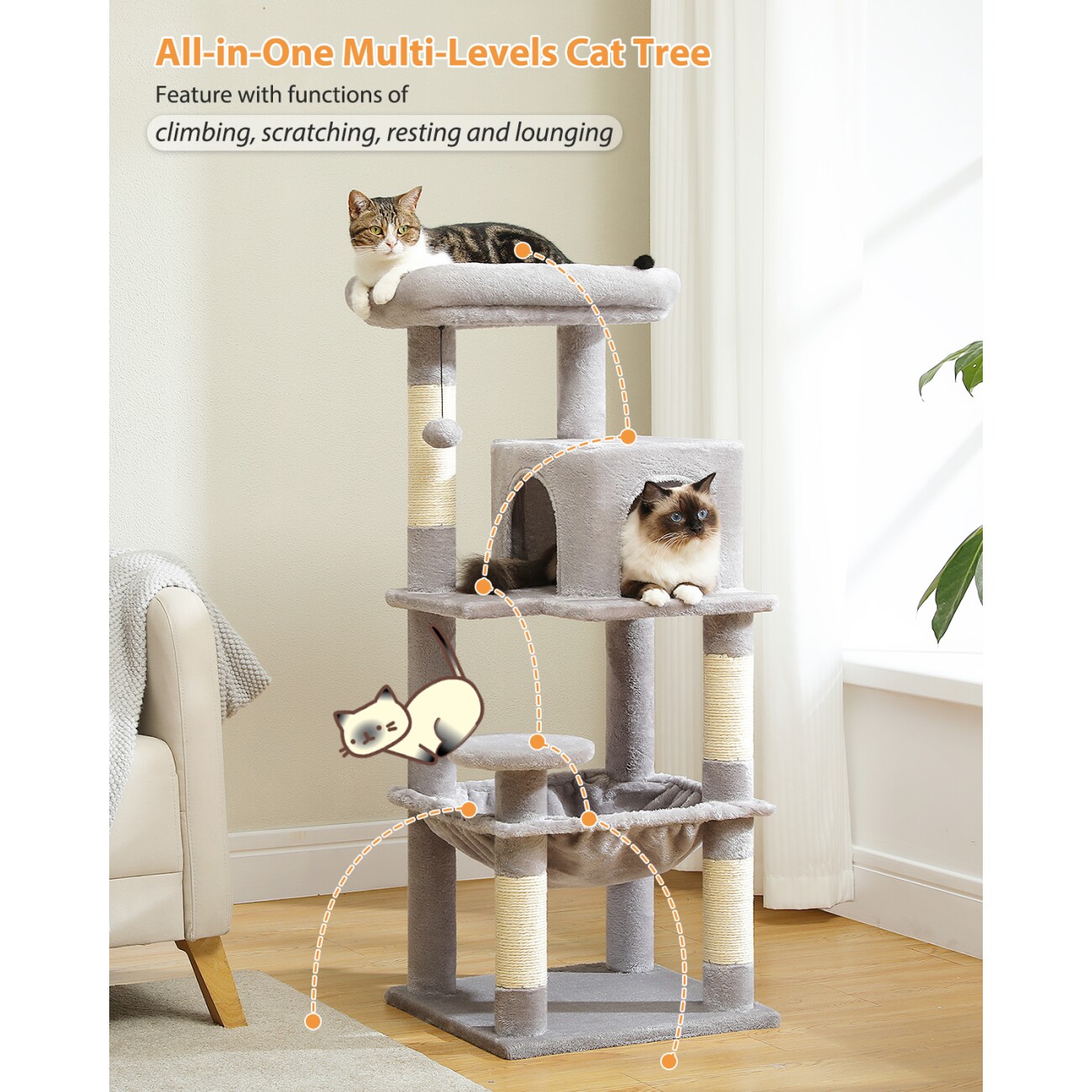 Pawz Road 116 cm Kratzbaum für 2-3 Katzen mit Hängematte hellgrau