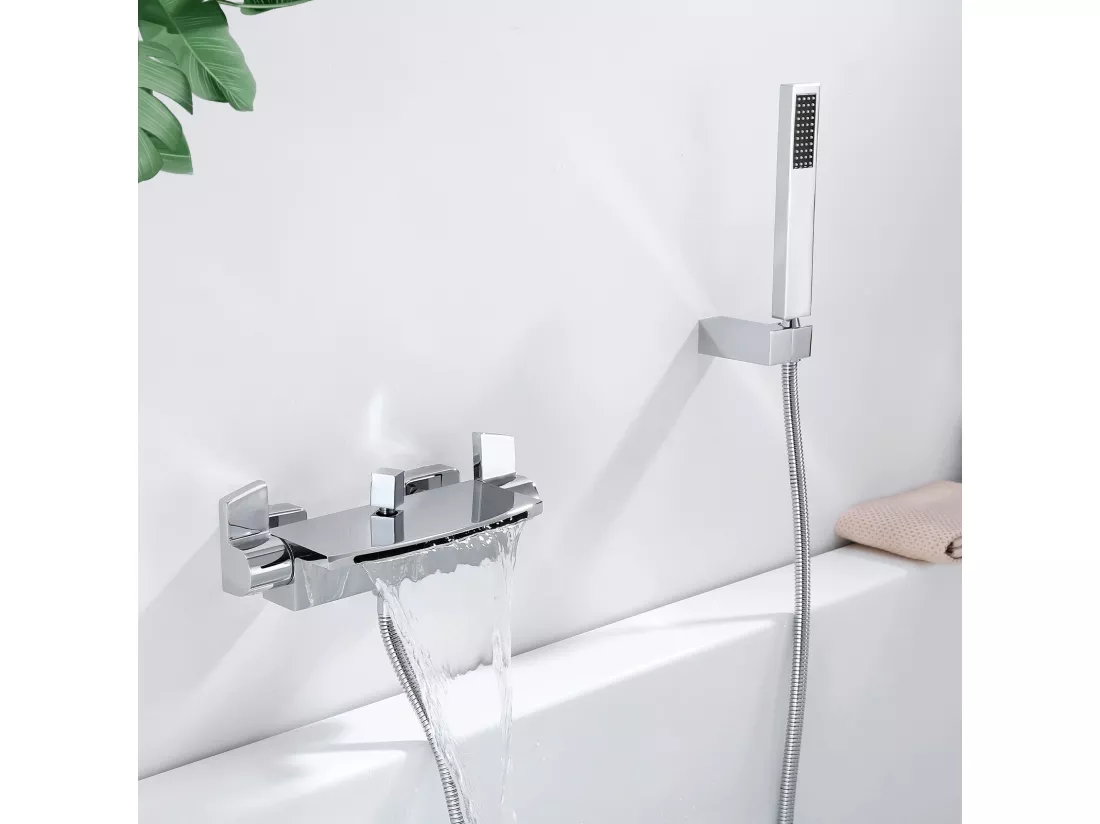Mitigeur de Baignoire Cascade Robinet de Douche Mural avec Douchette à Mains Laiton Set de douche en Laiton Chromé