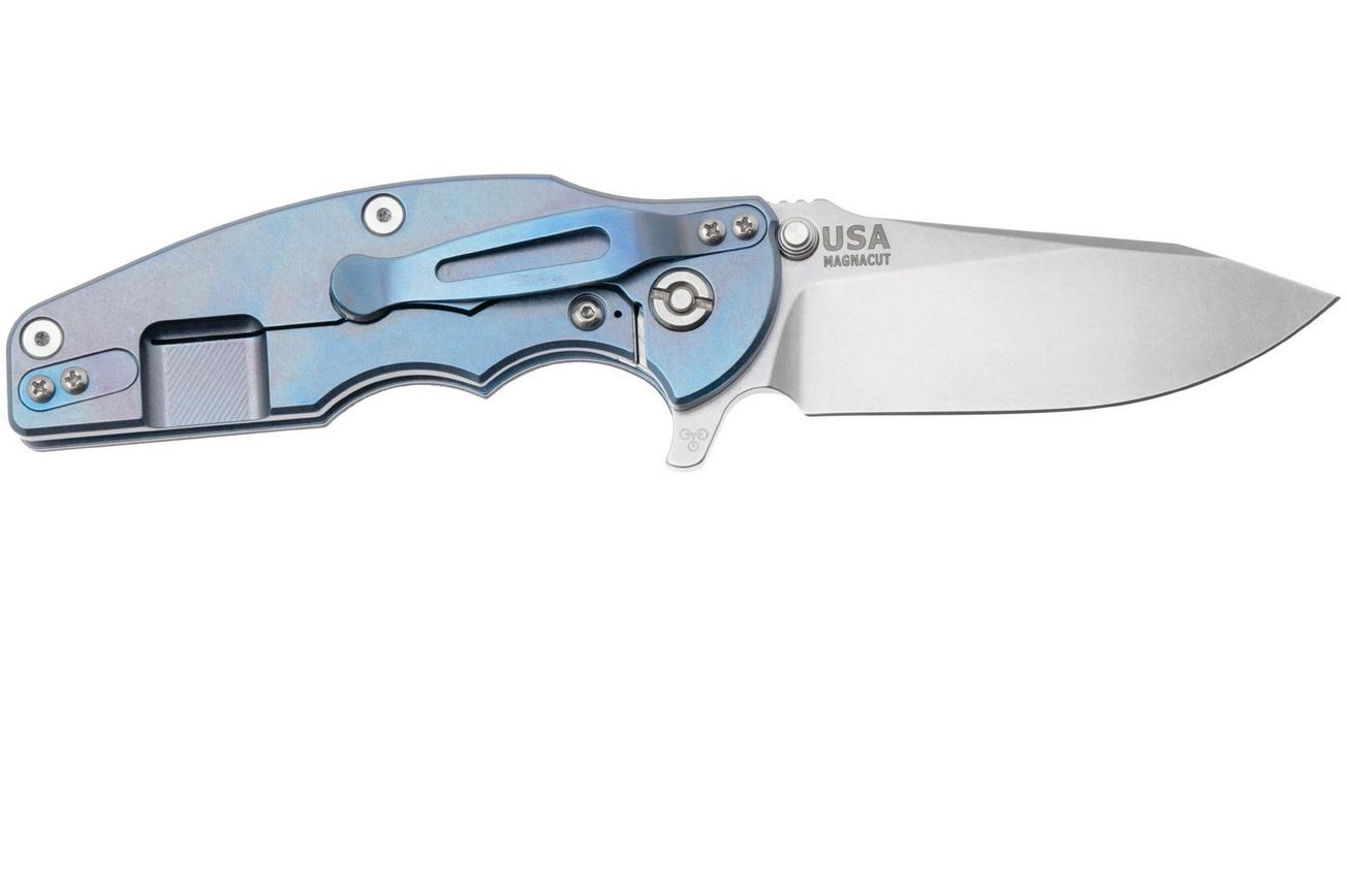 Rick Hinderer Jurassic Slicer, Hollow Ground Magnacut, Blue Stonewashed, Blue/Black G10, zakmes