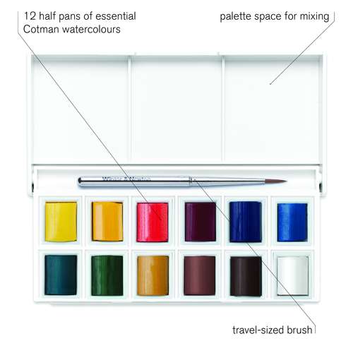 WINSOR & NEWTON Cotman™ Sketcher's Pocket Box, Aquarellfarben-Set mit 12 halben Näpfchen