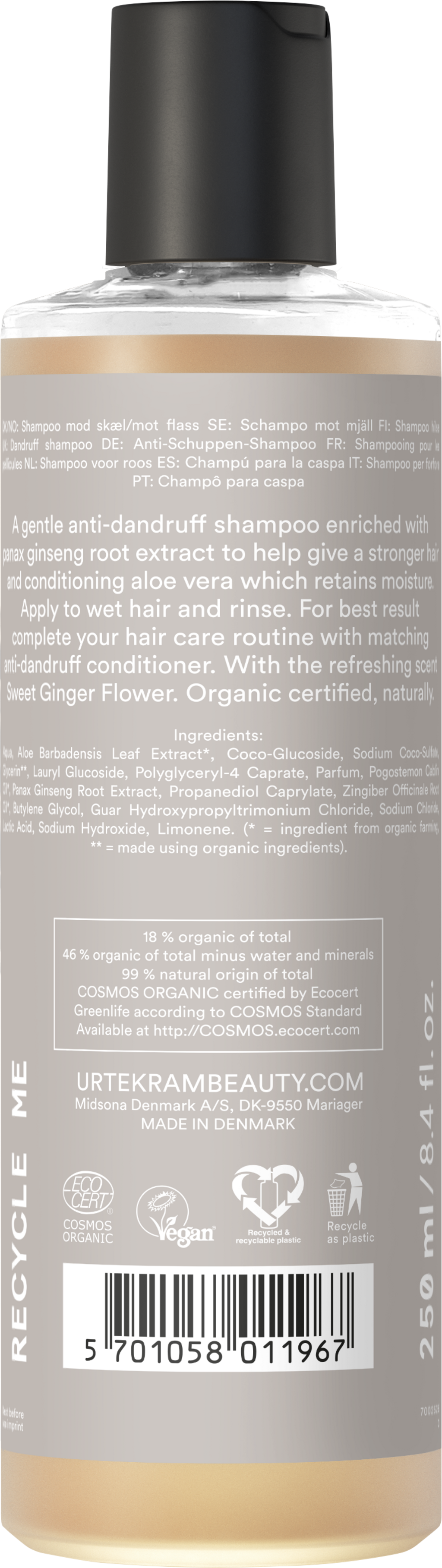 URTEKRAM  Sweet Ginger Flower Anti-Dandruff Shampoo, 250 ml