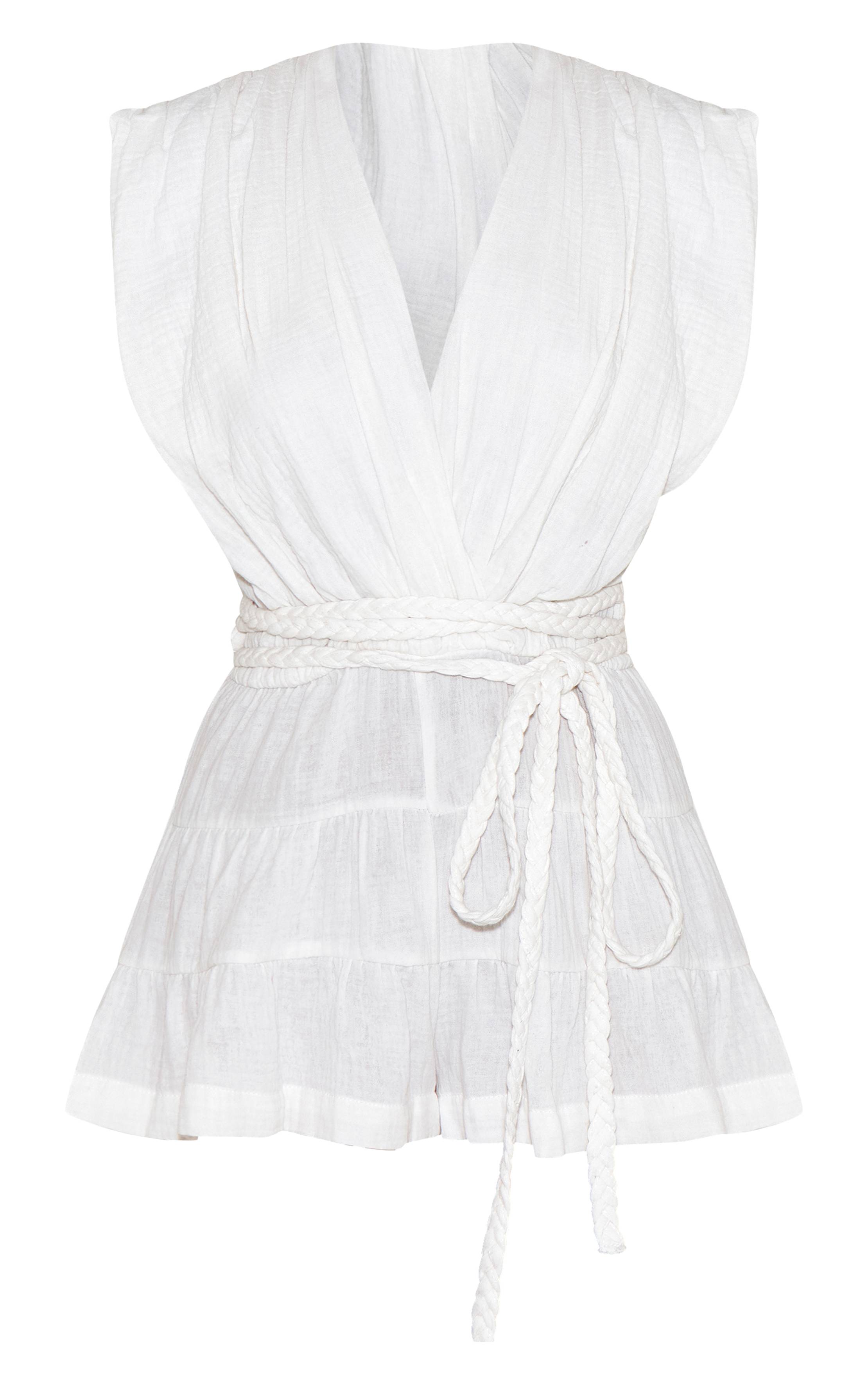 Blanc Combinaison-short Texturée Col V Avec Ceinture À Nouer
