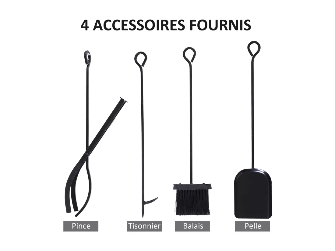 Serviteur de cheminée colonne - porte bûches - range bûches multi accessoires dim. 34L x 34l x 111H cm métal noir