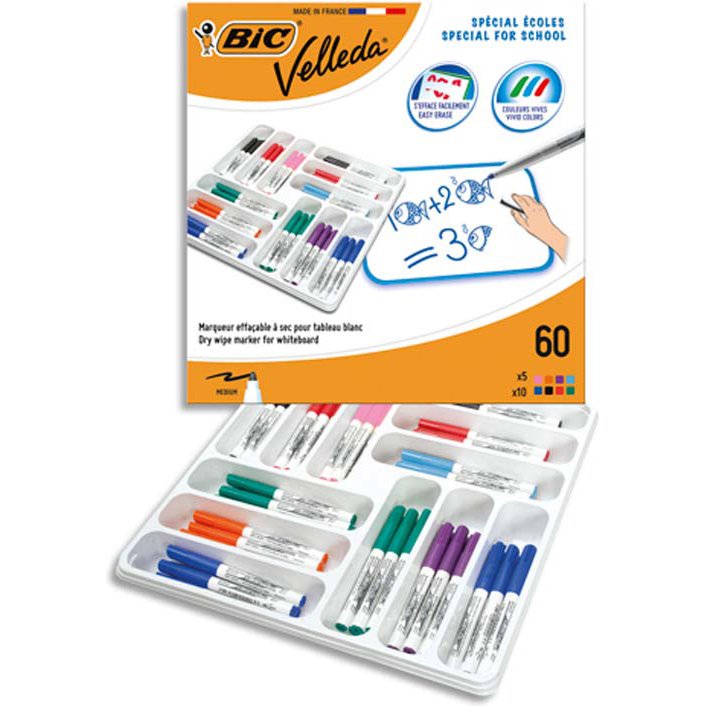 Marqueur bic velleda 1741 effacable pointe ogive encre  base alcool inodore 8 coloris assortis medium classpack 60