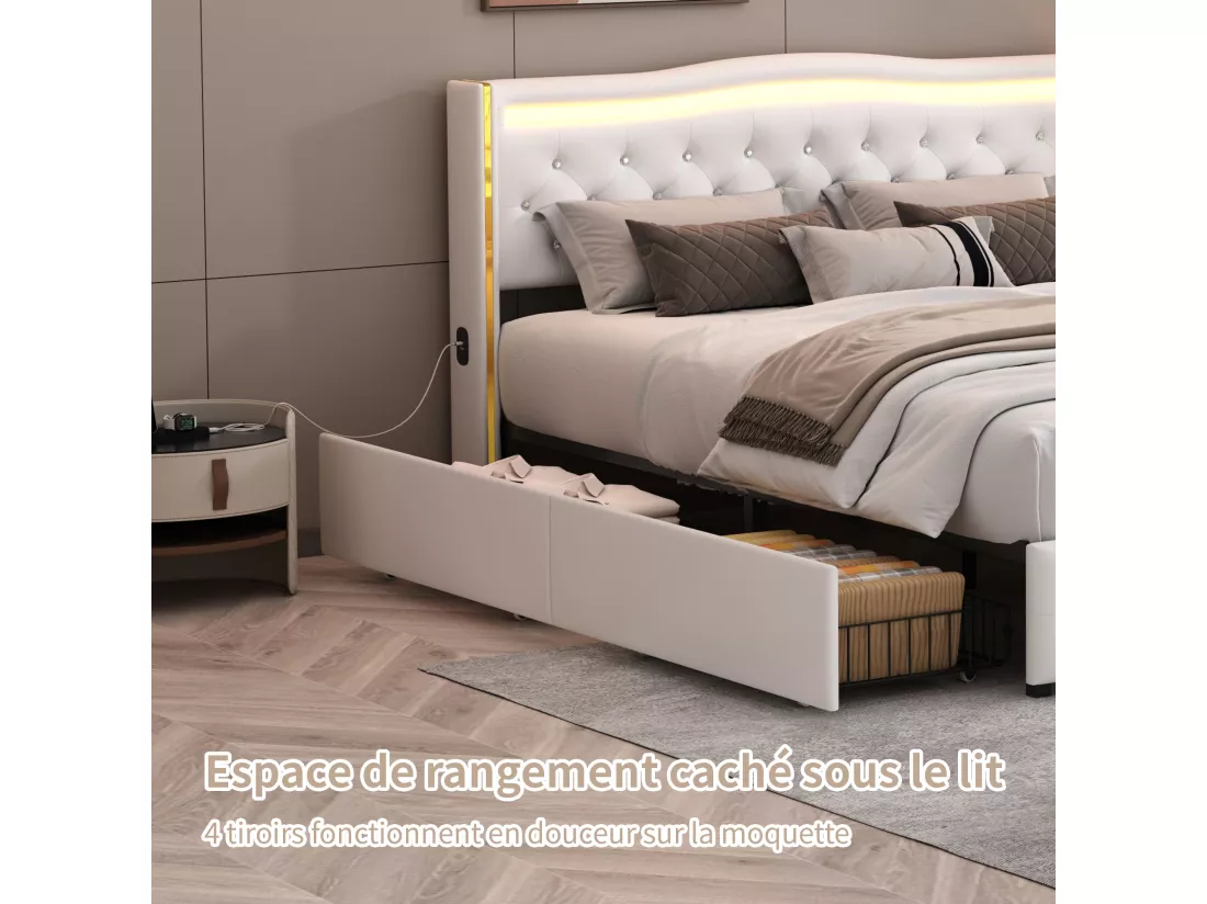 Lit 140x200cm avec Sommier LED et USB, lit Capitonné avec 4 Tiroirs, Cadre de Lit avec Sommier à Lattes, Lit 2 Personnes, PU, Blanc