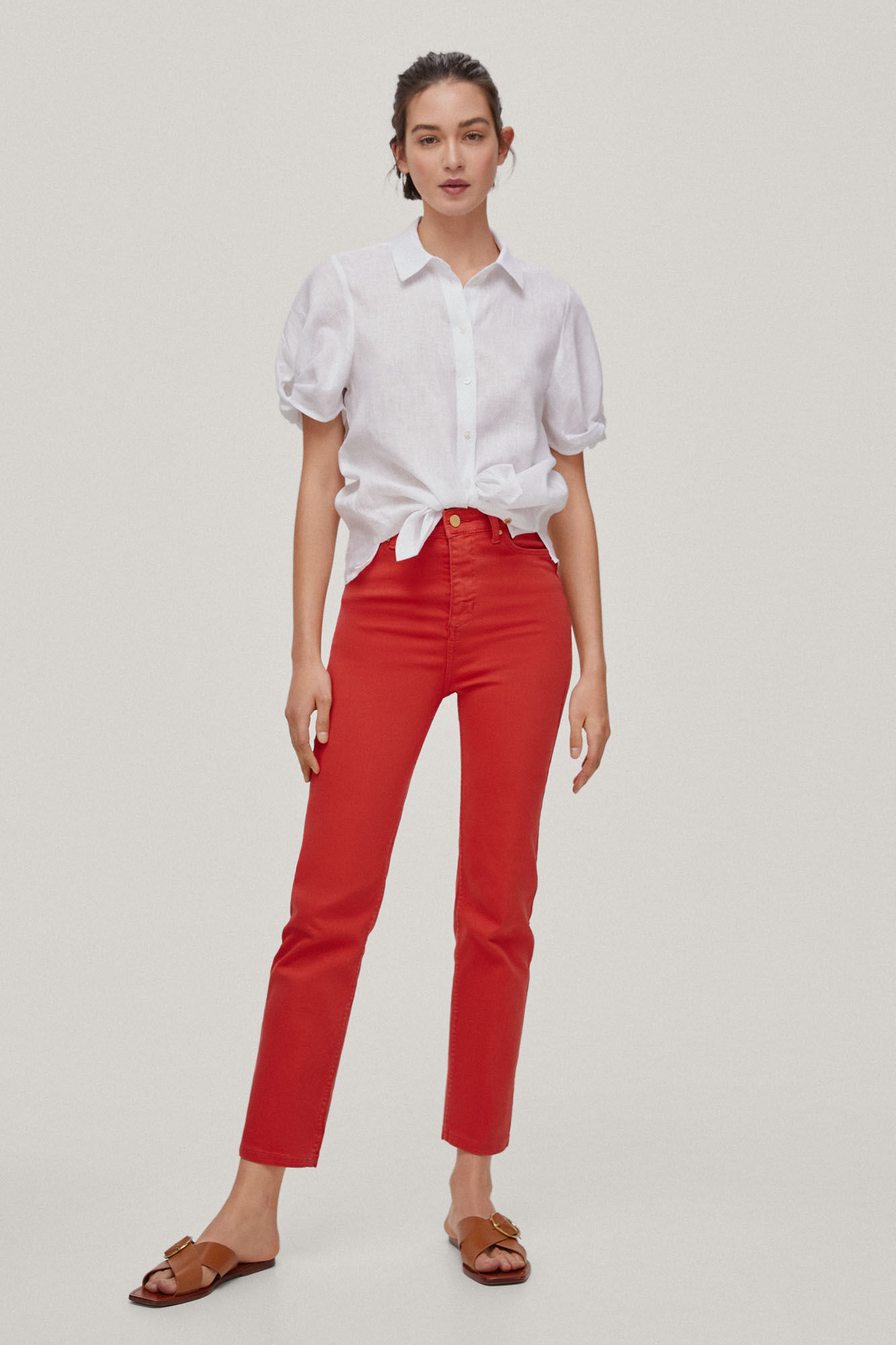 Calça jeans slim fit com 5 bolsos - Laranja