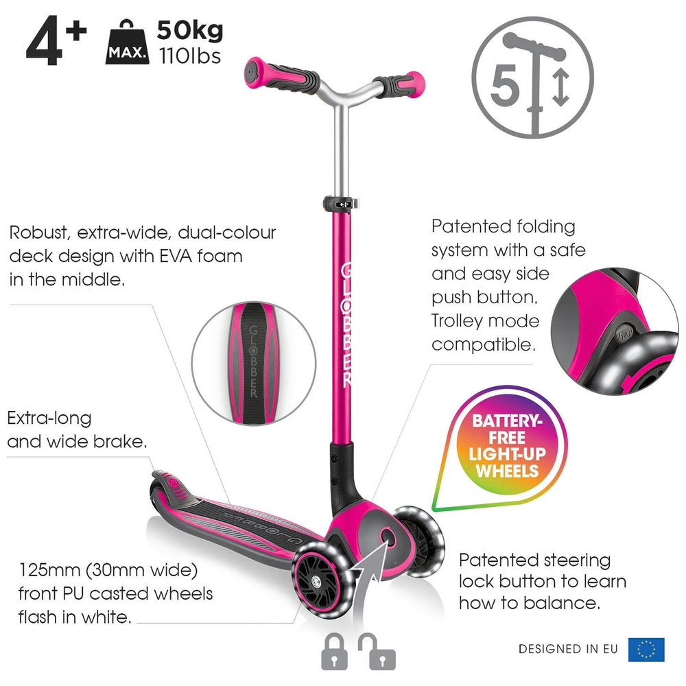 Globber MASTER LIGHTS Faltbarer Roller Pink