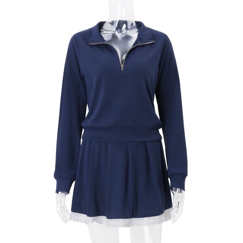 500 STUDIO - Effen pullover met halve rits / mini-plooirok