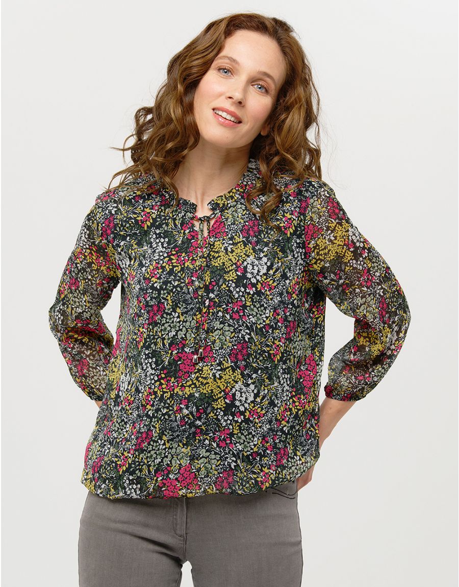 Blouse voile vert fleuri