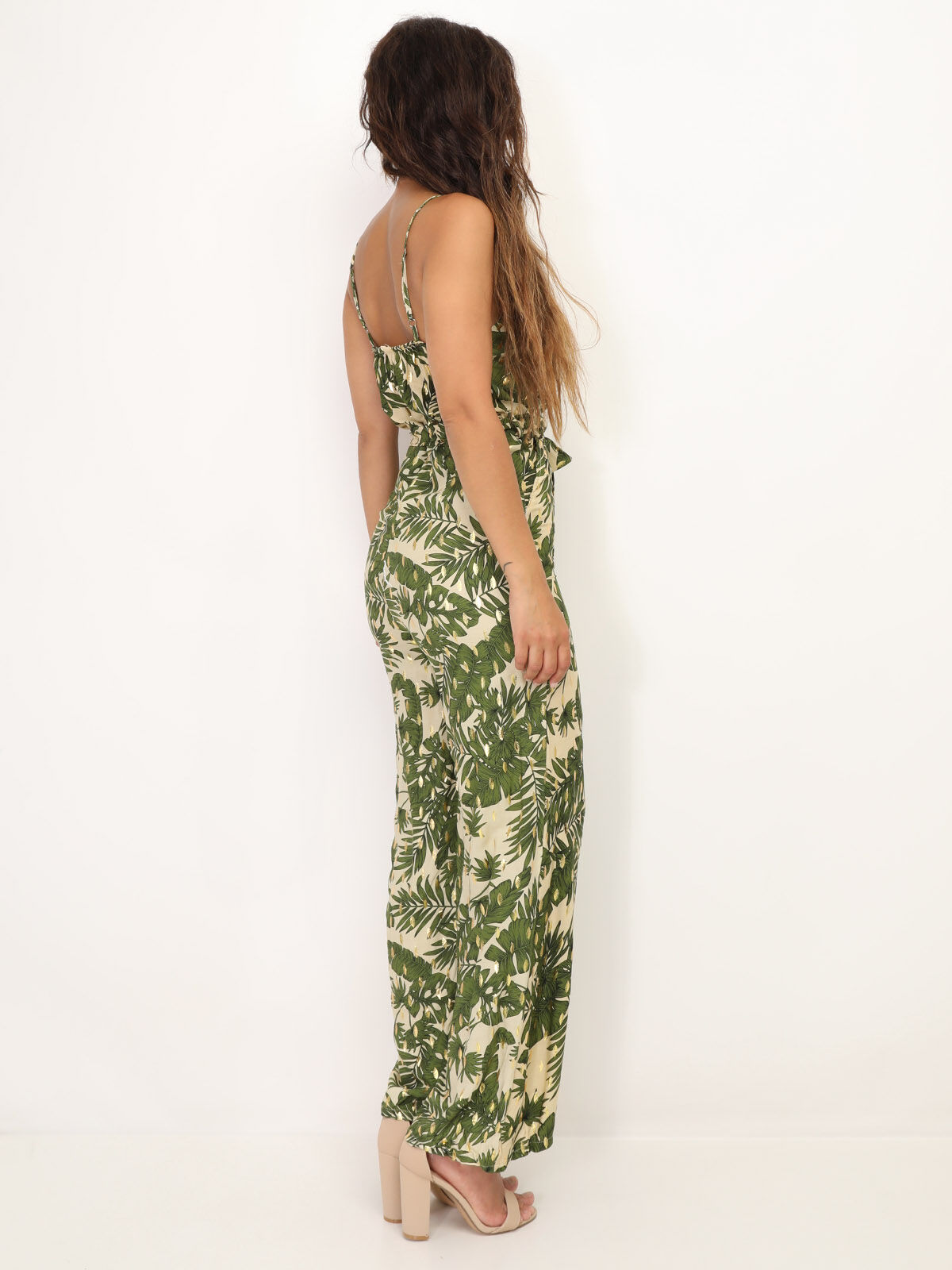 Combinaison ceinturée à motif tropical- Vert