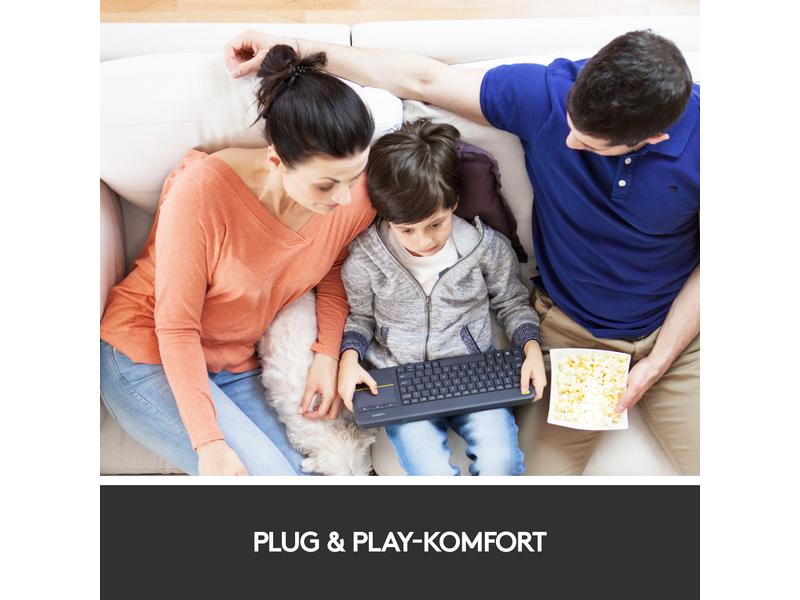 Logitech Tastatur K400 Plus CH-Layout Kabellose Tastatur mit Touchpad, CH-Layout, dunkelgrau