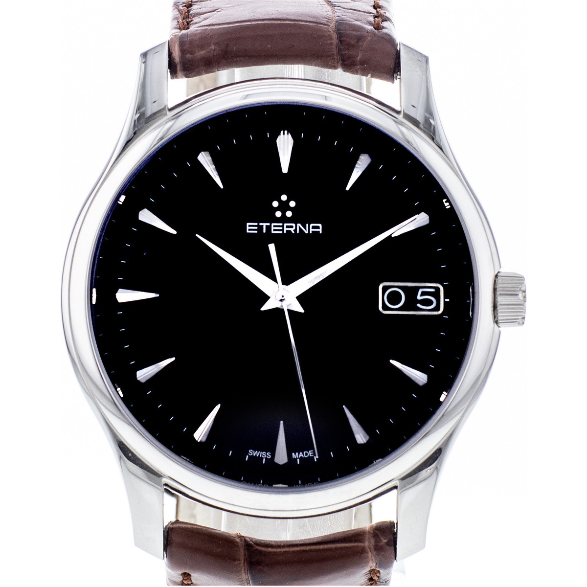 Montre d'occasion Eterna Vaughan homme automatique acier bracelet cuir marron