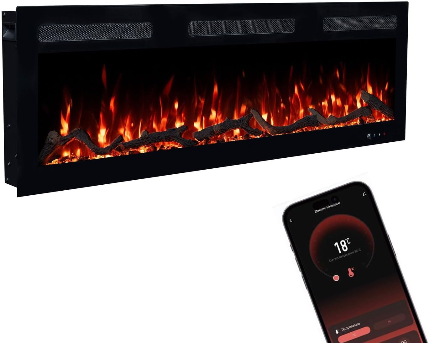 GLOW FIRE Elektrokamin Inside 106 mit realistischem 3D LED-Feuer - Wand-Elektrokamin mit Heizung und Kaminfeuer, App Steuerung, Knistereffekt & Timer, max. 1800 W, 106x35x12cm