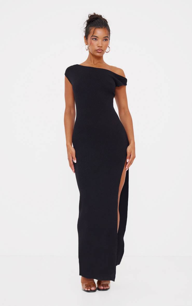 Noir Robe Maxi En Maille Fine Avec Col Torsadé