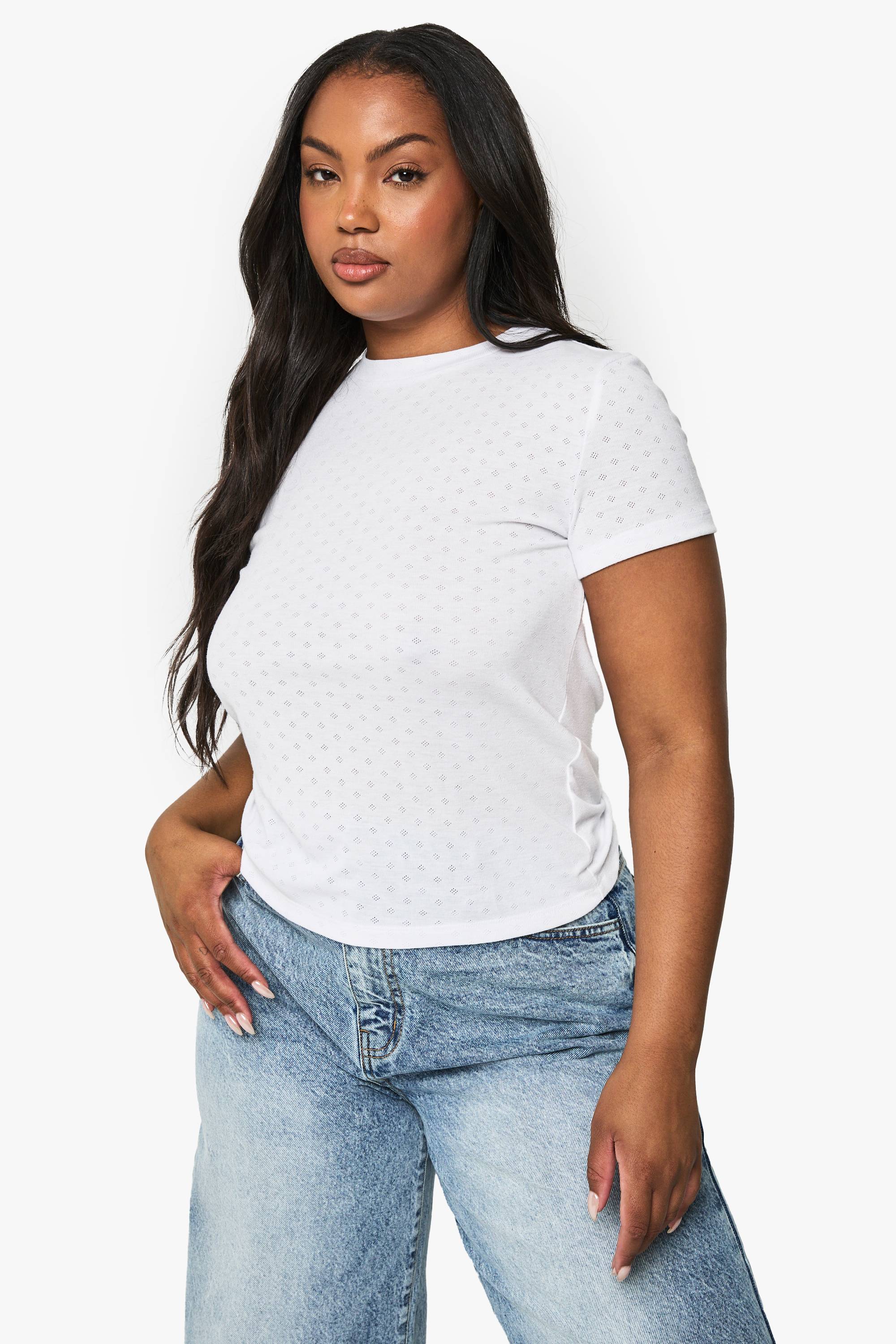 boohoo Haut Ajusté À Manches Courtes Pointelle Grande Taille