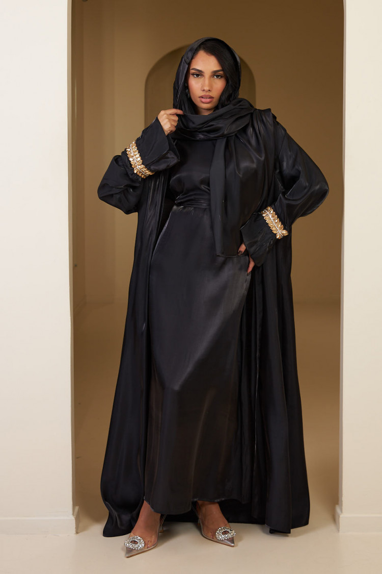 Ensemble 2 pièces abaya + gilet + voile satinée et pailletée noir