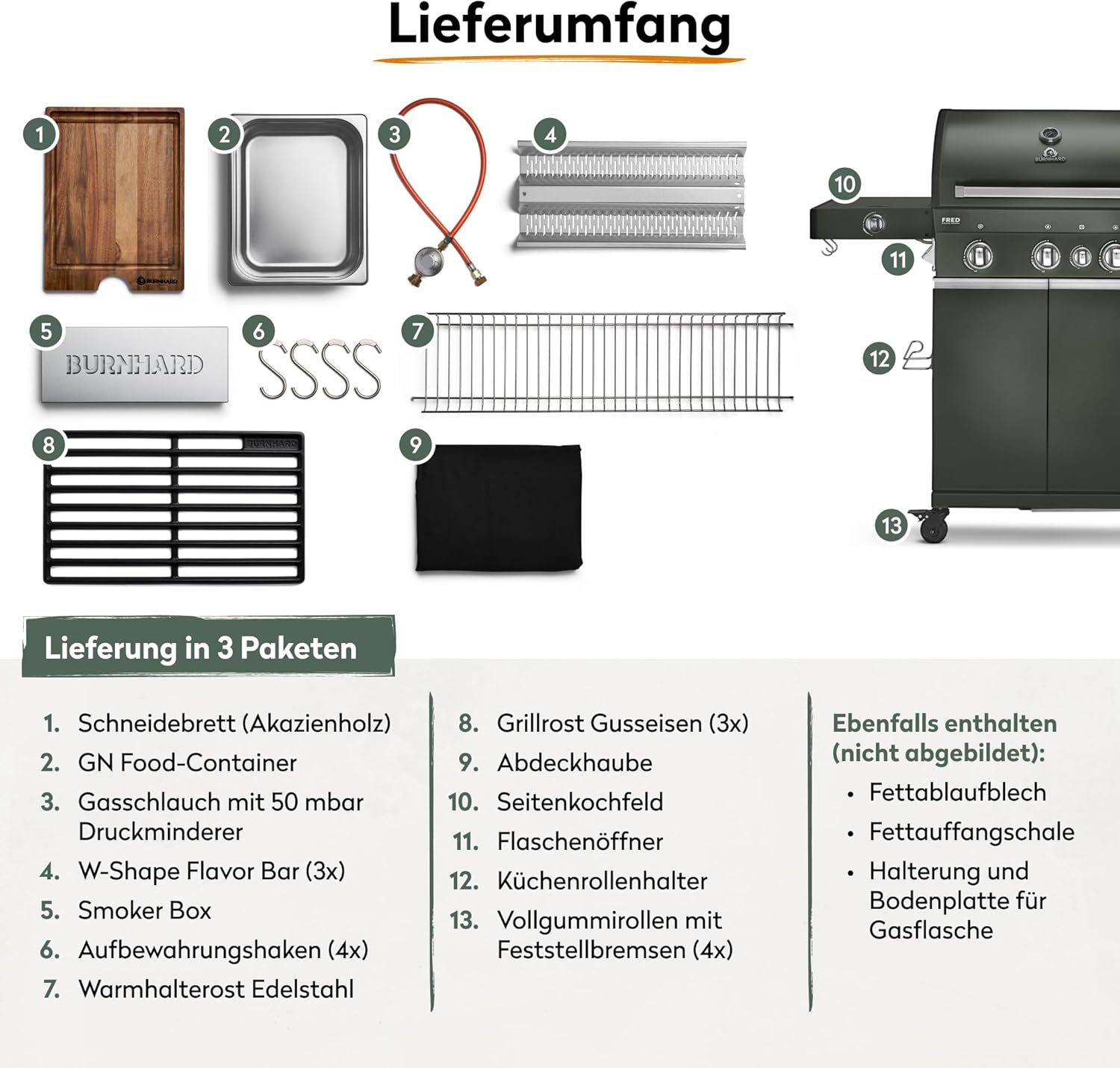 BURNHARD® Gasgrill 3-Brenner inkl. BACKBURNER, 900°C Infrarot-Keramikbrenner, Seitenkochfeld, Gusseisen-Grillrost, Grillabdeckung, Grillwagen, klappbare Seitentische – FRED GREEN