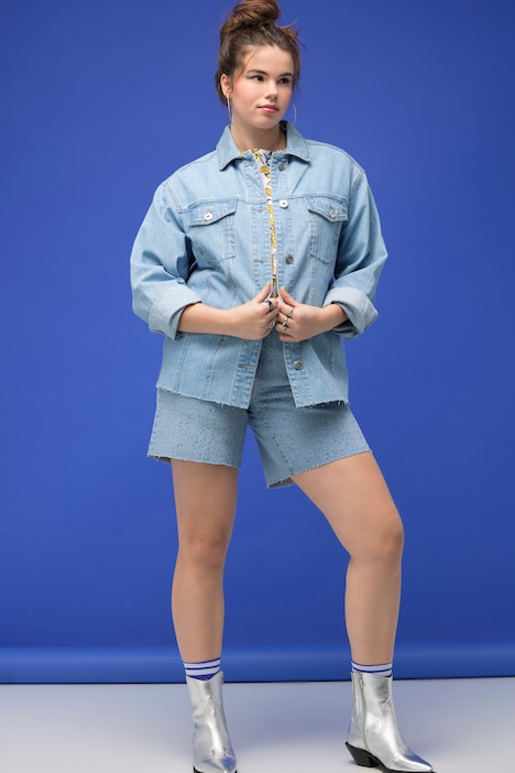 Jeansjacke, Boxy Shape, Glitzersteinchen, Hemdkragen, Langarm