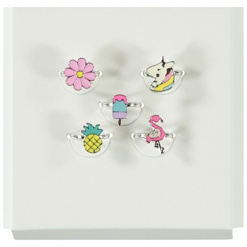 Lot de 5 bagues fantaisie + boîte de rangement pour fille - Gris chiné