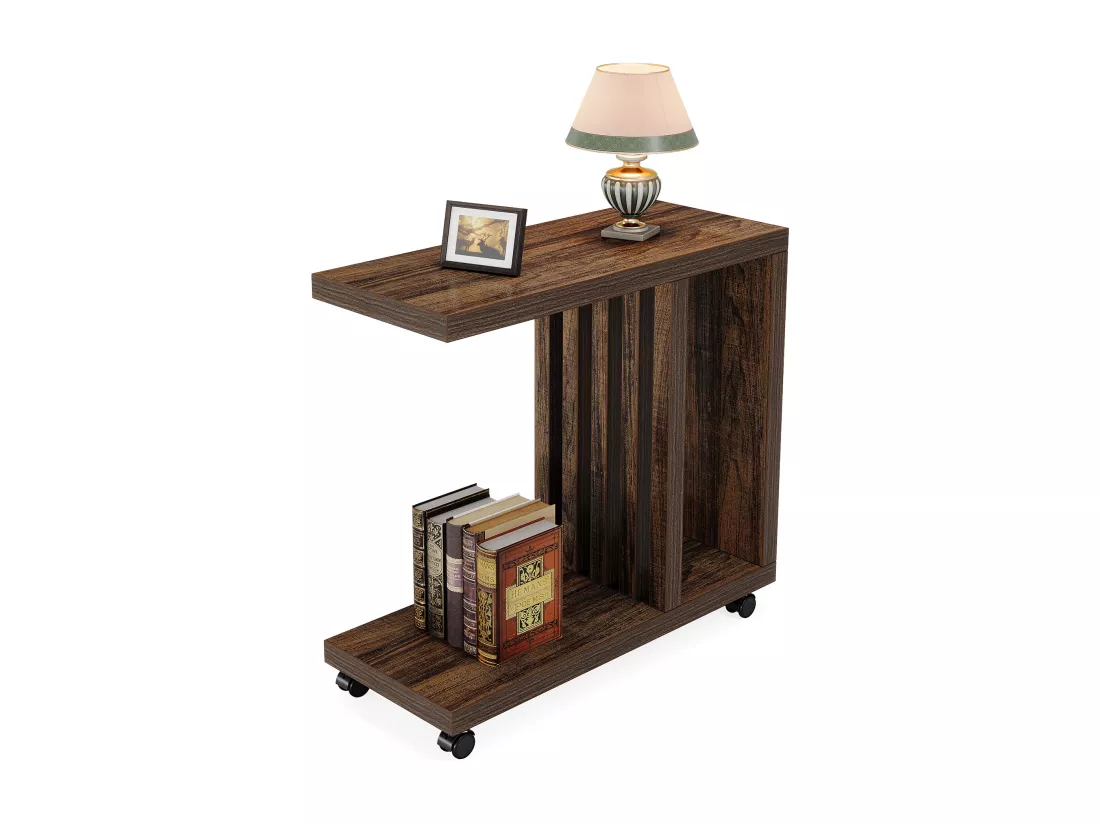 Table d'appoint en Forme de C, Table d'appoint Rustique en Bois avec roulettes verrouillables, Couleur Marron