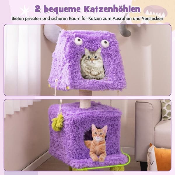 Kattskrapestolpe Liten 111 cm monstertema kattetre med 2 kattehuler og avtagbar topp lilla