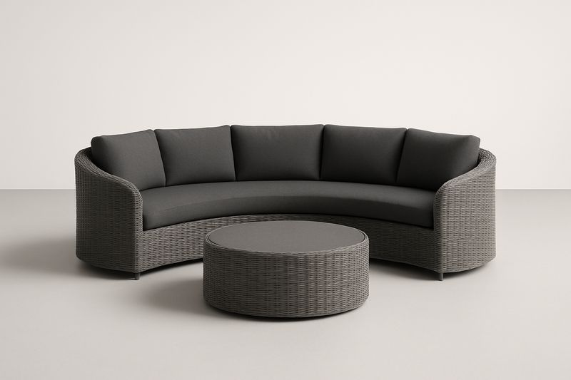 Gartensofa-Set Halbrund Rattan Grau Mit Polster