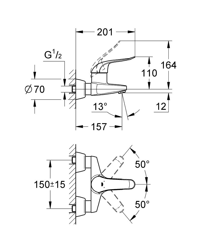 Grohe Euroeco wandkraan m. koppelingen HOH=15cm chroom