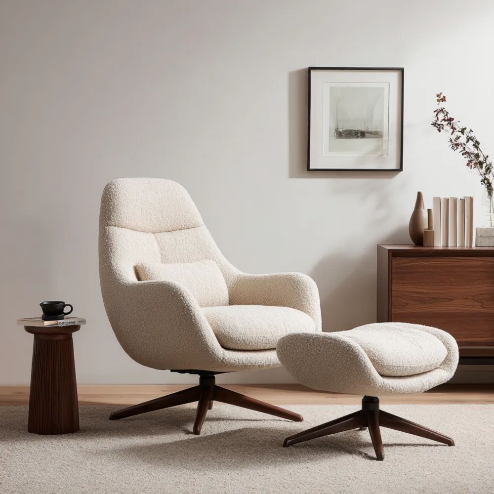 Relaxstuhl Sessel mit Hocker (85x85x95 cm) Bouclé Stoff Creme – Verstellbar