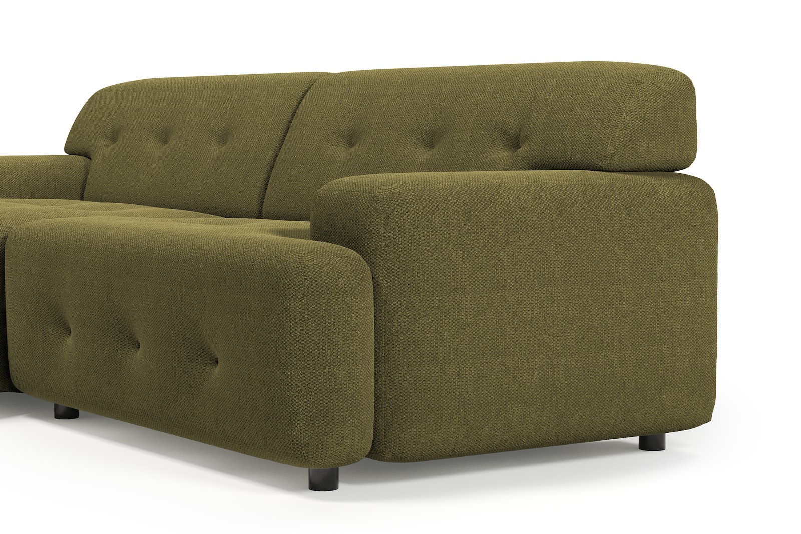 Bob sofa 1,5-seter med sjeselong venstre. Tekstil Mito 88 Moss Green med sorte ben.