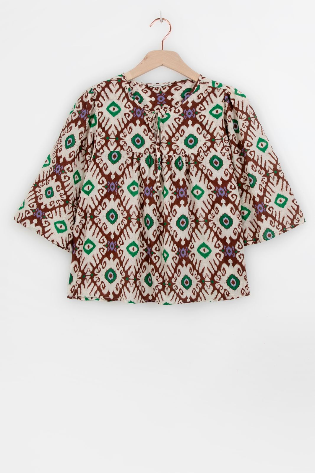 Donkerbruine A-lijn top met ikat print