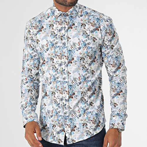 Chemise Manches Longues Blanc Bleu Clair Floral