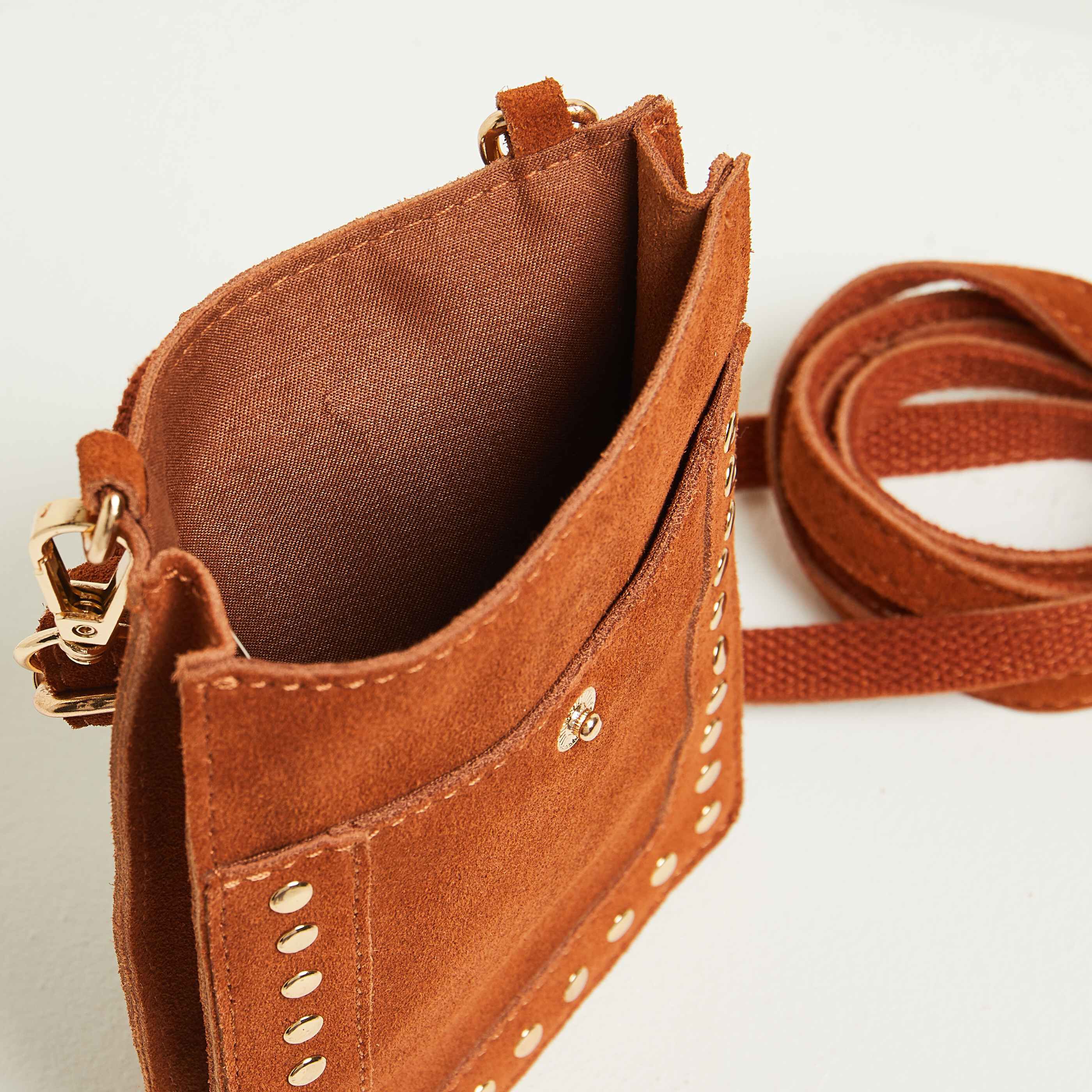 Pochette téléphone croûte de cuir - CAMEL
