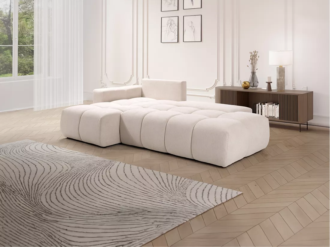 Canapé d'angle gauche convertible en tissu texturé beige TRIMALDI