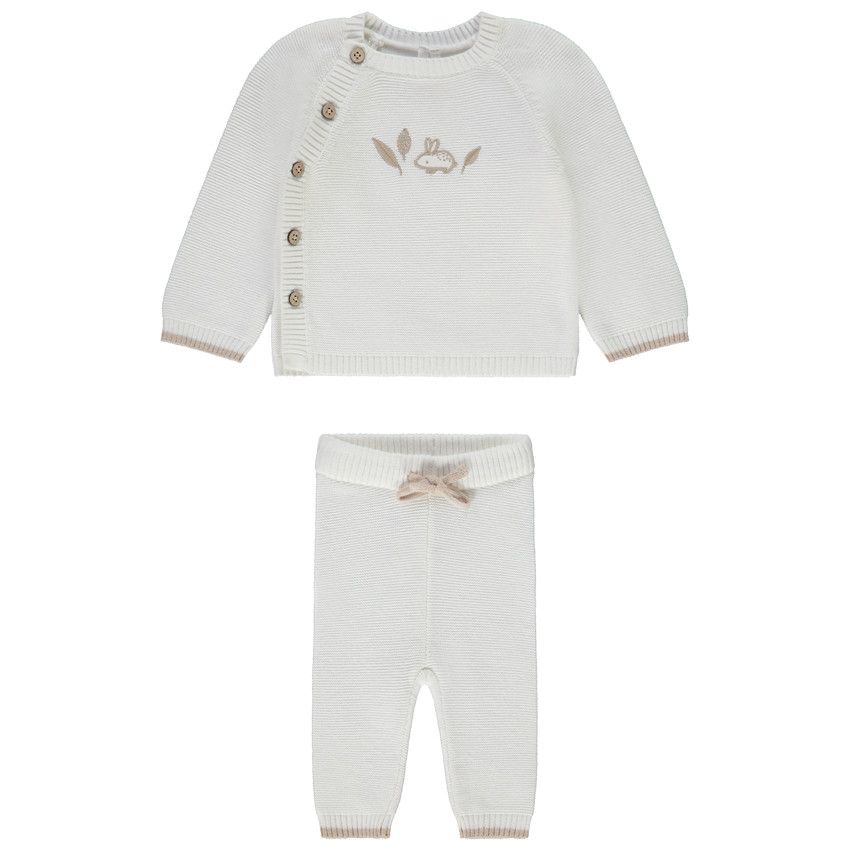 Ensemble 2 pièces en tricot point mousse pour bébé - Ecru